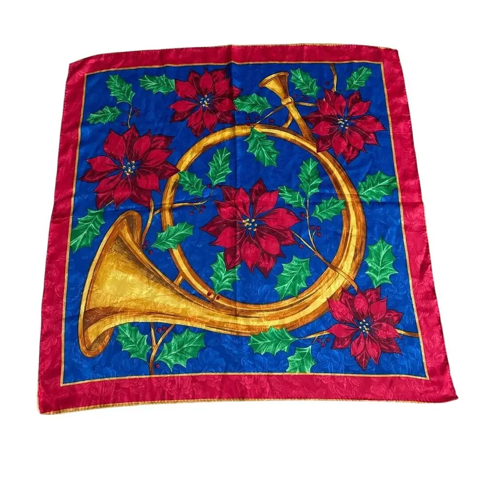 Vintage silky brocade Christmas scarf festive French Horn holiday motif 1980's